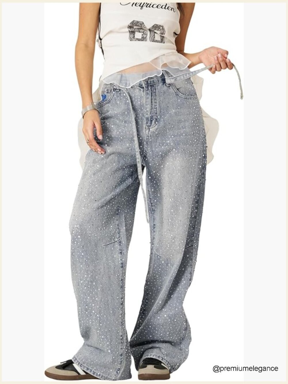 Wide Leg Rhinestone Jeans Y2K Baggy Streetwear Denim Pants